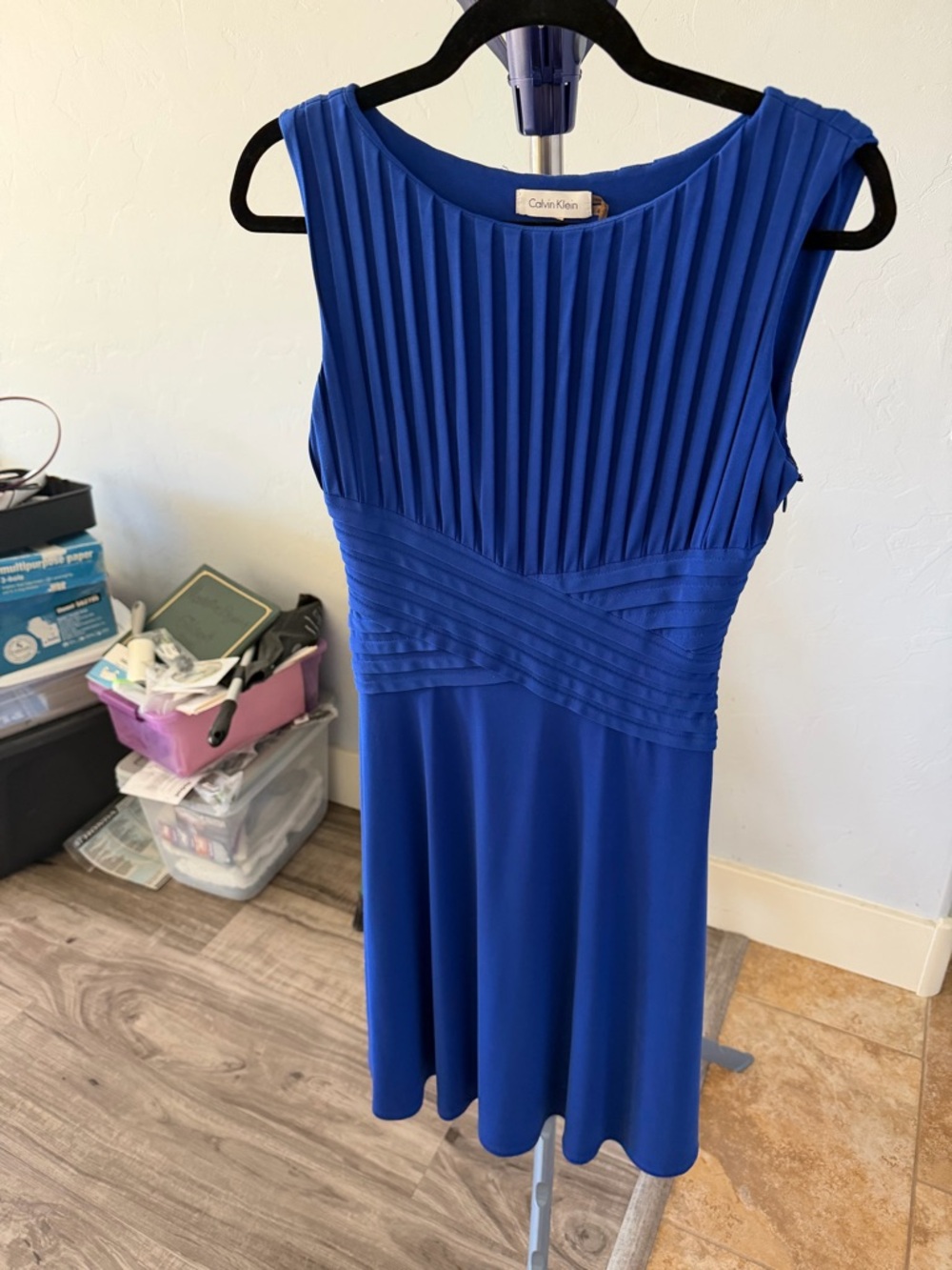 Calvin Klein Cobalt Blue Pleated Waist Fit-and-Flare Midi Dress